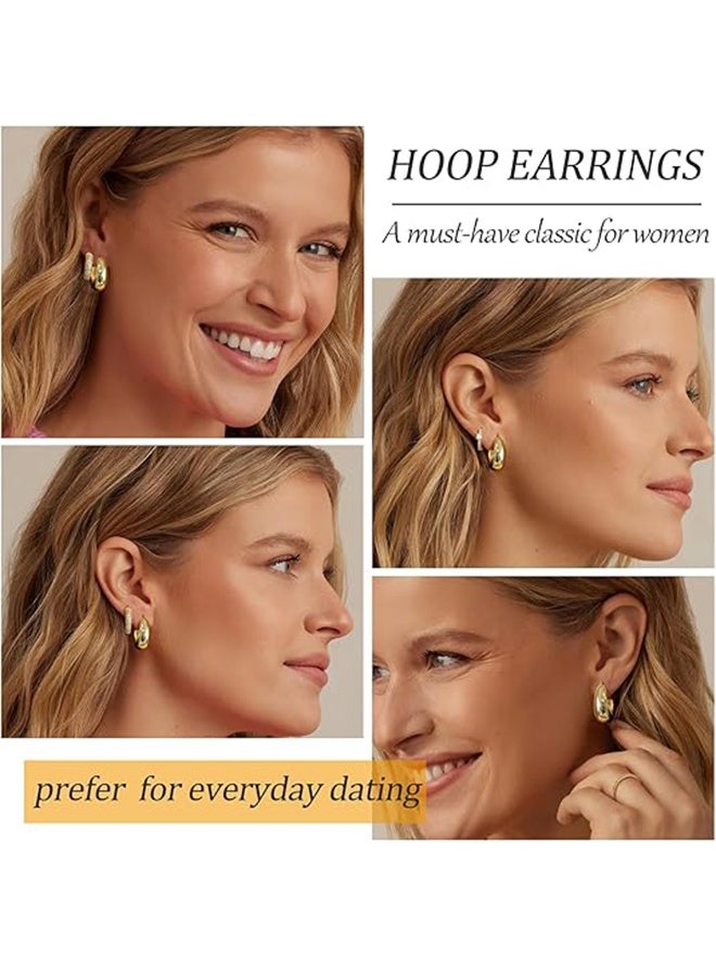 طقم أقراط ذهبية مكون من 3 أزواج للسيدات، مطلية بالذهب عيار 14 قيراطًا، أقراط سميكة مضادة للحساسية، مناسبة للثقب المتعدد، أقراط دائرية ذهبية للنساء - Image 4