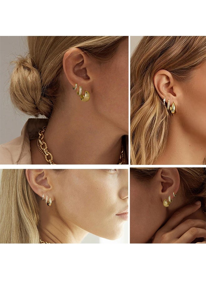 طقم أقراط ذهبية مكون من 3 أزواج للسيدات، مطلية بالذهب عيار 14 قيراطًا، أقراط سميكة مضادة للحساسية، مناسبة للثقب المتعدد، أقراط دائرية ذهبية للنساء - Image 5