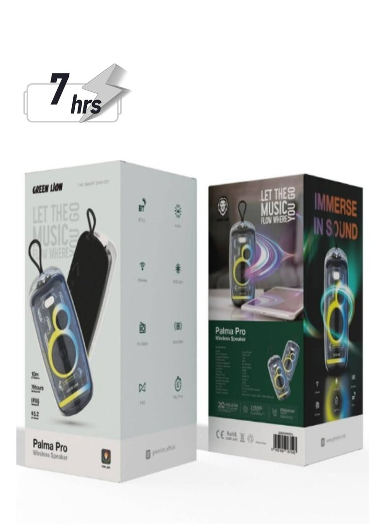 Green Lion Palma Pro Wireless Speaker, 7 Hours Playtime, Bluetooth 5.2, 10m Bluetooth Range, FM Radio, Type-C Charging, RGB Lighting - Black - Image 1