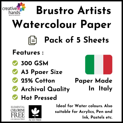 BRUSTRO Artists 25% Cotton Watercolour Paper,Hot Pressed, 300 GSM,Size A3, 5 Sheets | Ideal for Watercolor,Acrylic,Gouache,Charcoal,Graphite,Ink & Other Mixed Media - Image 2