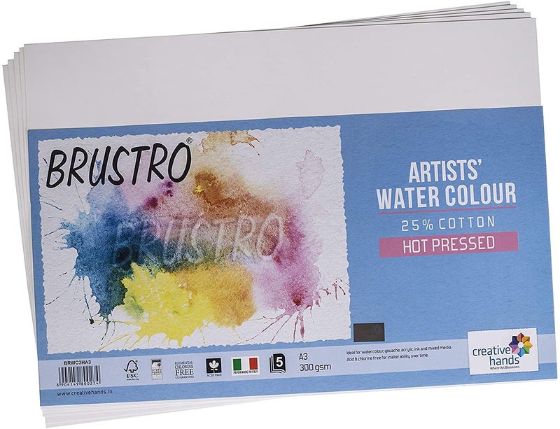BRUSTRO Artists 25% Cotton Watercolour Paper,Hot Pressed, 300 GSM,Size A3, 5 Sheets | Ideal for Watercolor,Acrylic,Gouache,Charcoal,Graphite,Ink & Other Mixed Media - Image 1