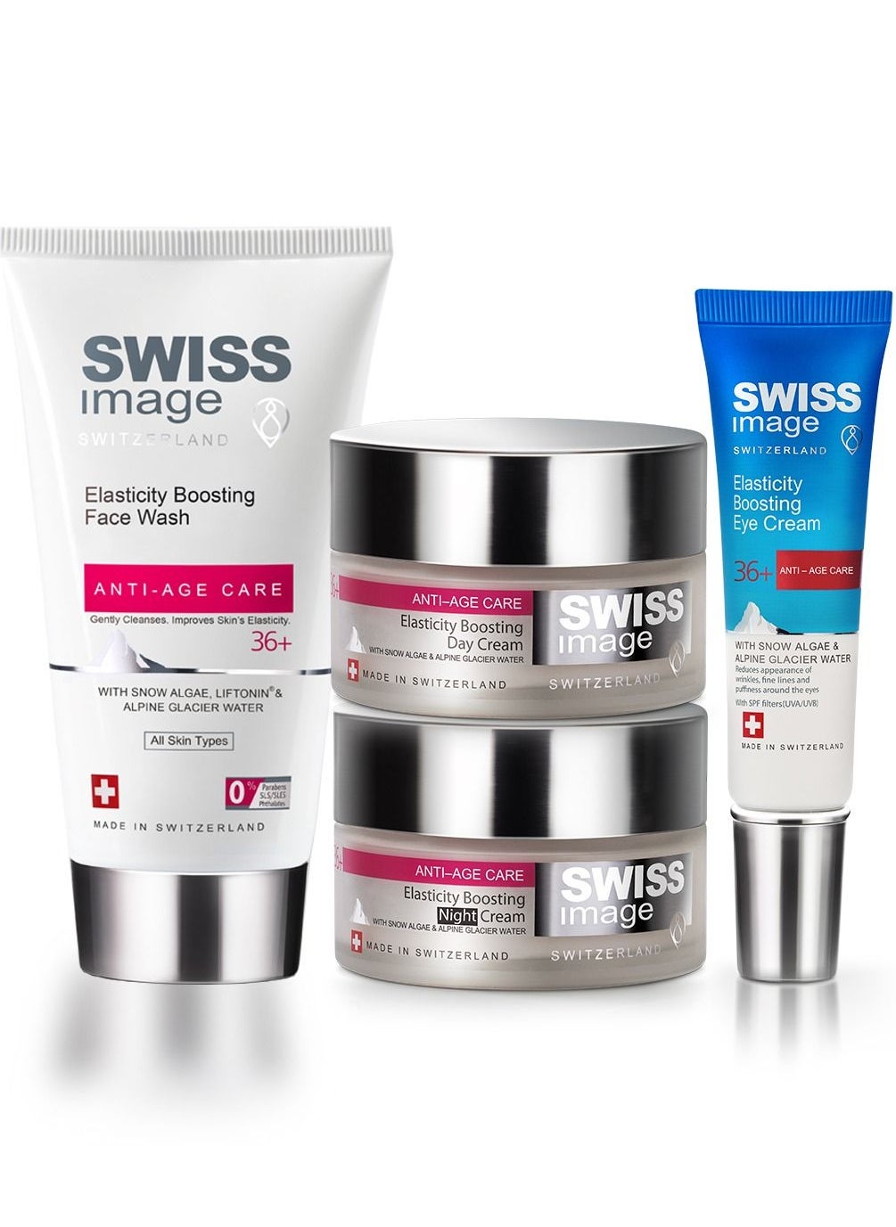 SWISS image Anti Ageing Skin Care 4 Steps Kit for Collagen Boosting, Cleansing & Moisturizing Face Wash 150ml, Eye Cream 15ml, Day Cream 50ml & Night Cream 50ml 