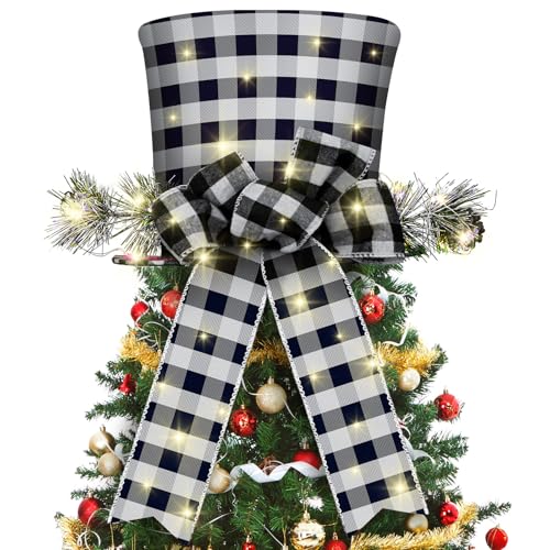 Jetec Buffalo Plaid Christmas Tree Topper Ribbon Bow with String Lights for Xmas Tree Home Desktop Holiday Decorations Black and White Plaid Bow and Hat - Image 1