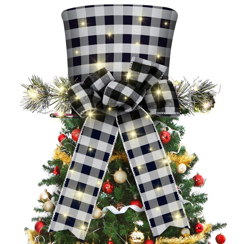 Jetec Buffalo Plaid Christmas Tree Topper Ribbon Bow with String Lights for Xmas Tree Home Desktop Holiday Decorations Black and White Plaid Bow and Hat - Image 2
