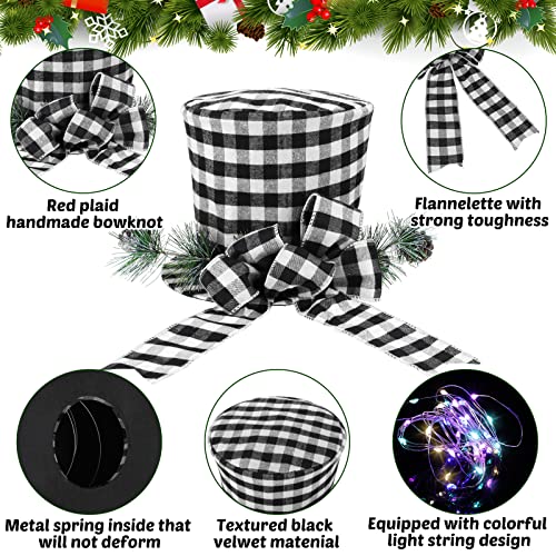 Jetec Buffalo Plaid Christmas Tree Topper Ribbon Bow with String Lights for Xmas Tree Home Desktop Holiday Decorations Black and White Plaid Bow and Hat - Image 3