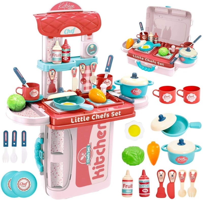 SELLMONK Plastic Pretend Role Cooking Kitchen Play Set 3 in 1 Little Chef 29 Pieces Toy for Boys and Girls (Pink) - Image 1