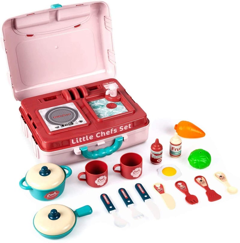 SELLMONK Plastic Pretend Role Cooking Kitchen Play Set 3 in 1 Little Chef 29 Pieces Toy for Boys and Girls (Pink) - Image 2