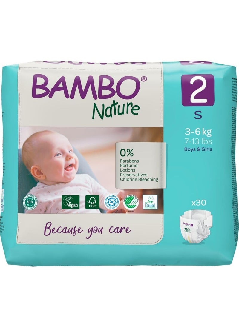 BAMBO NATURE Premium Eco Nappies, Eco-Labelled Sustainable Nappies, Enhanced Leakage Protection, Secure & Comfortable Baby Nappies, Secure & Comfortable - Size 2 Nappies (7-13lb/3-6kg), Mini, 30 Count  - Image 1