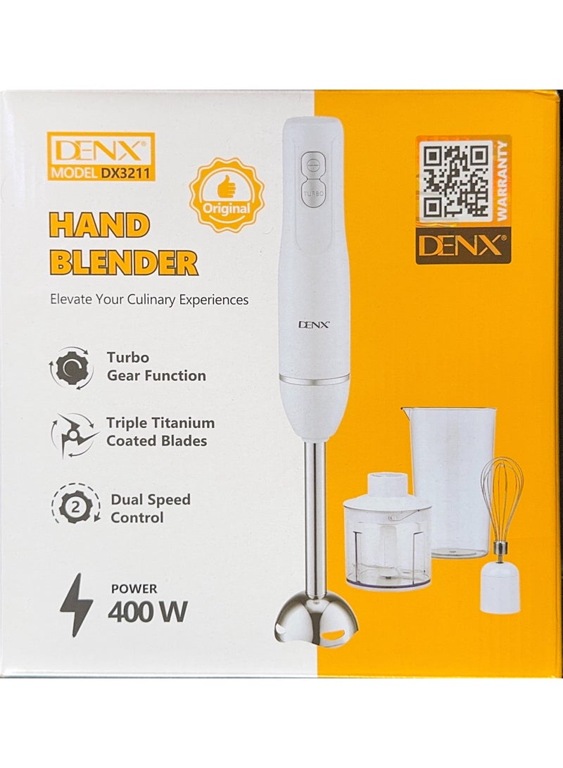 دينكس خلاط يدوي DENX DX3211خلاط يدوي كهربائي 4 في 1 من دينكس، خلاط يدوي بقوة 400 وات مع مفرمة طعام سعة 500 مل، خفاقة من الإينوكس وكوب قياس سعة 700 مل، خلاط كهربائي وخلاط يدوي بشفرة من الفولاذ المقاوم للصدأ، يُستخدم في خلط الكيك والخلط والهرس والخفق وخلط الحساء والعصائر والصلصات وأطعمة الأطفال وسحق الثلج والميلك شيك، DX3211 (أسود/أبيض) - Image 3