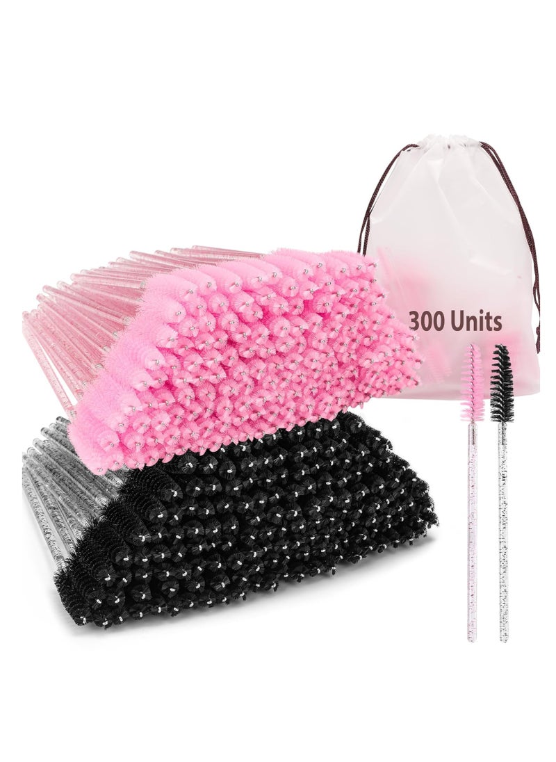 EWAGOA 300 Pcs Disposable Mascara Wands, Crystal Eyelash Brush Eyebrow Spoolies for Eyelash Extensions, Pink & Black Mascara Brushc  - Image 1