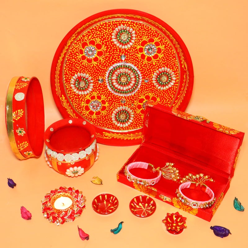 Jaipur Ace Karwa Chauth Traditional and Decorative Pooja Thali Set | Stainless Steel Thali Set | Lota, Kalash, Diya, and Bowls | Trafitional Poooja Thalis | Channi Lota Included 1 (Design 5) - Image 5
