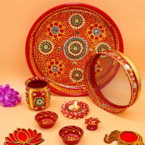 Jaipur Ace Karwa Chauth Traditional and Decorative Pooja Thali Set | Stainless Steel Thali Set | Lota, Kalash, Diya, and Bowls | Trafitional Poooja Thalis | Channi Lota Included 1 (Design 5) - Image 2