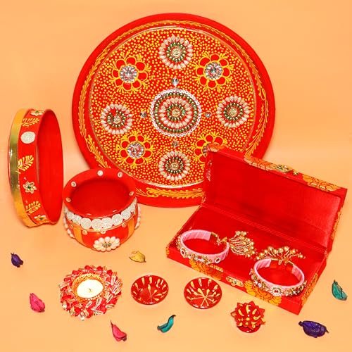 Jaipur Ace Karwa Chauth Traditional and Decorative Pooja Thali Set | Stainless Steel Thali Set | Lota, Kalash, Diya, and Bowls | Trafitional Poooja Thalis | Channi Lota Included 1 (Design 5) - Image 1