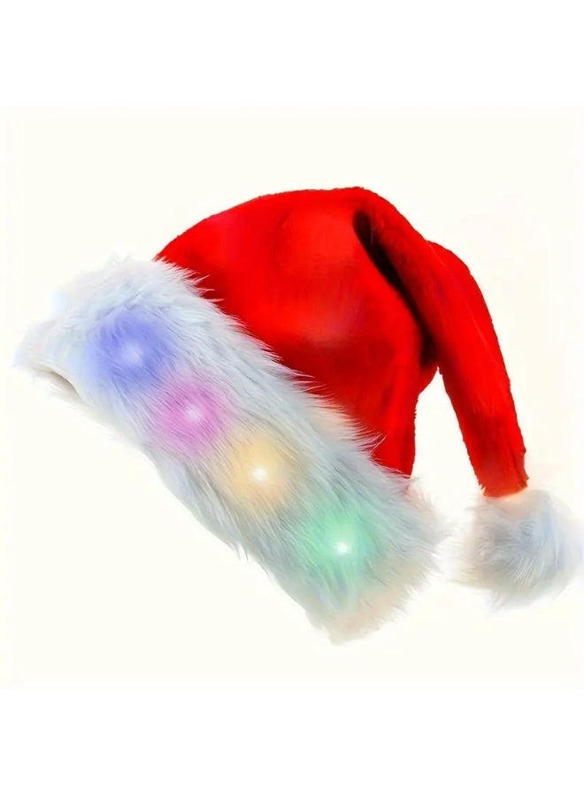 Home Care LED Light-Up Santa Claus Christmas Hat 40×30 cm – Soft Velvet Red & White Cap with Flashing Multi-Color Lights | Festive Party Hat for Adults & Kids, Christmas Events & Holiday Decorations - Image 1