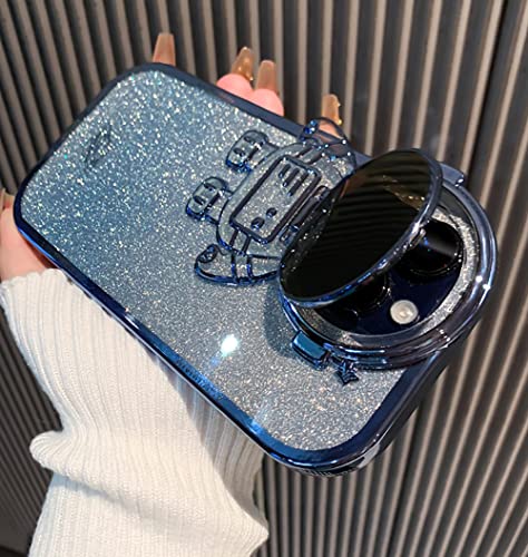 QoKcoahn Astronaut Hidden Stand Phone Case for iPhone 13,Cute Astronaut Lens Camera Protector Kickstand Luxury Glitter Bling 6D Electroplated Clear Soft TPU Protector for Men Women Blue - Image 4