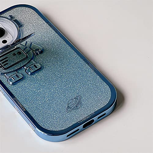 QoKcoahn Astronaut Hidden Stand Phone Case for iPhone 13,Cute Astronaut Lens Camera Protector Kickstand Luxury Glitter Bling 6D Electroplated Clear Soft TPU Protector for Men Women Blue - Image 3