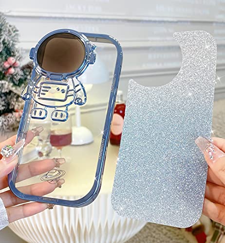 QoKcoahn Astronaut Hidden Stand Phone Case for iPhone 13,Cute Astronaut Lens Camera Protector Kickstand Luxury Glitter Bling 6D Electroplated Clear Soft TPU Protector for Men Women Blue - Image 5