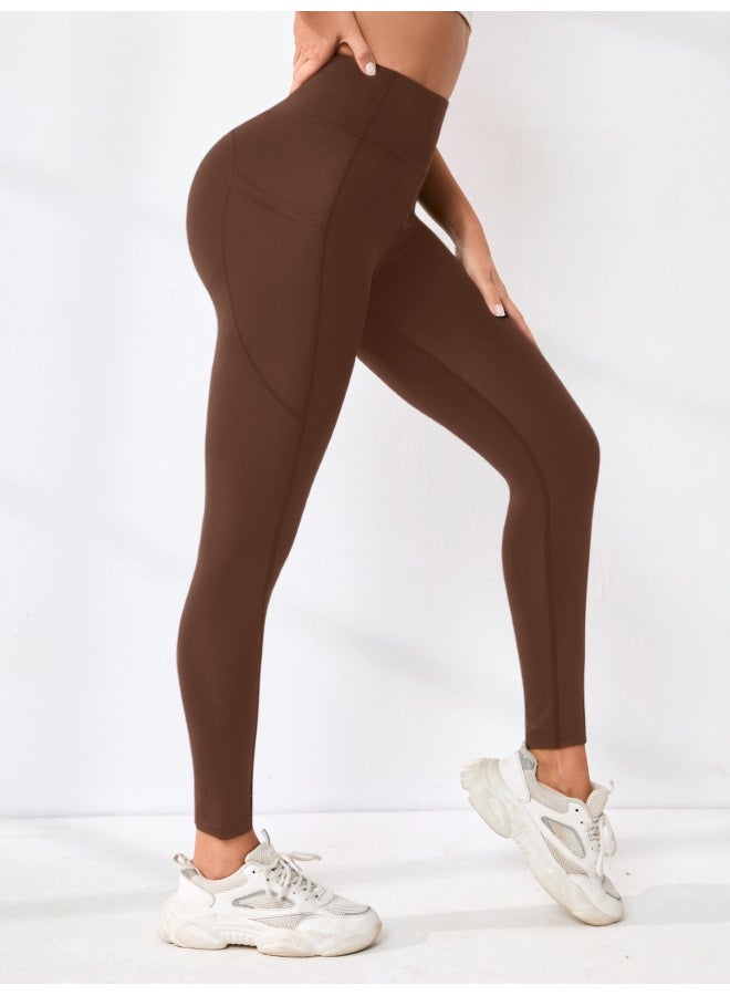 European And American Yoga Pants Solid Color Splicing High-waisted Hip-lifting Pocket Outdoor Sports Pants Fitness Tight Leggings For Women
