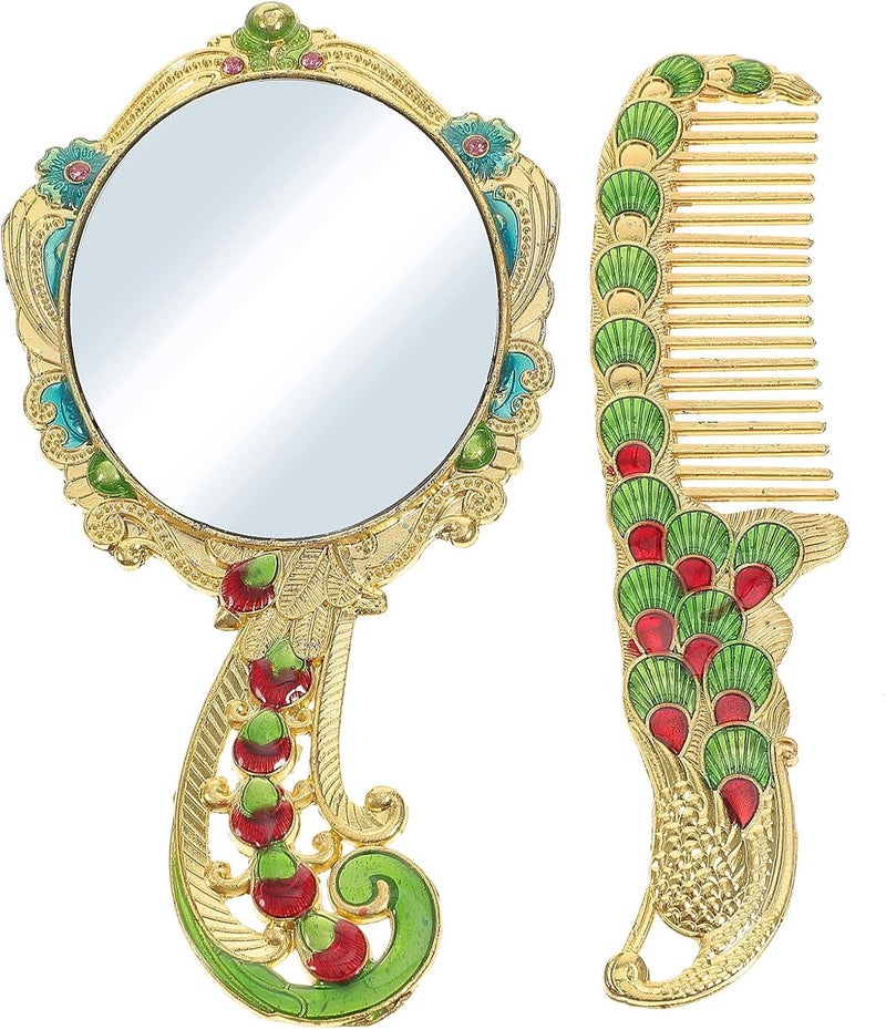 Vintage Makeup Mirror and Hair Comb Set 2pcs, Metal Handheld Vanity Mirror with Gold Peacock Pattern, Portable Cosmetic Tool for Travel and Daily Use Random Color - Image 1