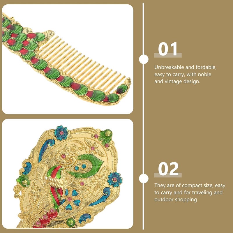 Vintage Makeup Mirror and Hair Comb Set 2pcs, Metal Handheld Vanity Mirror with Gold Peacock Pattern, Portable Cosmetic Tool for Travel and Daily Use Random Color - Image 5