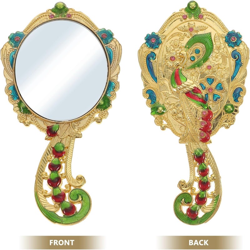 Vintage Makeup Mirror and Hair Comb Set 2pcs, Metal Handheld Vanity Mirror with Gold Peacock Pattern, Portable Cosmetic Tool for Travel and Daily Use Random Color - Image 3