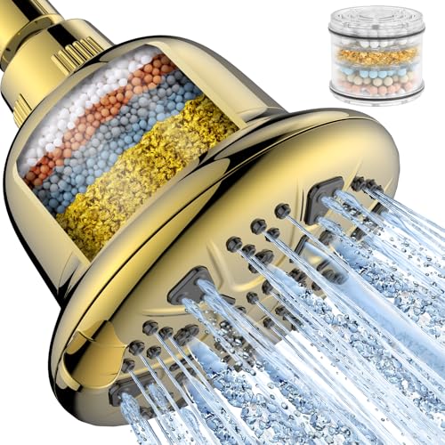 MakeFit Filtered Shower Head - High Pressure Rain - Shower Head with filter for Hard Water - Luxury 7 Settings Adjustable Water Filter Showerhead (Gold) - Image 1