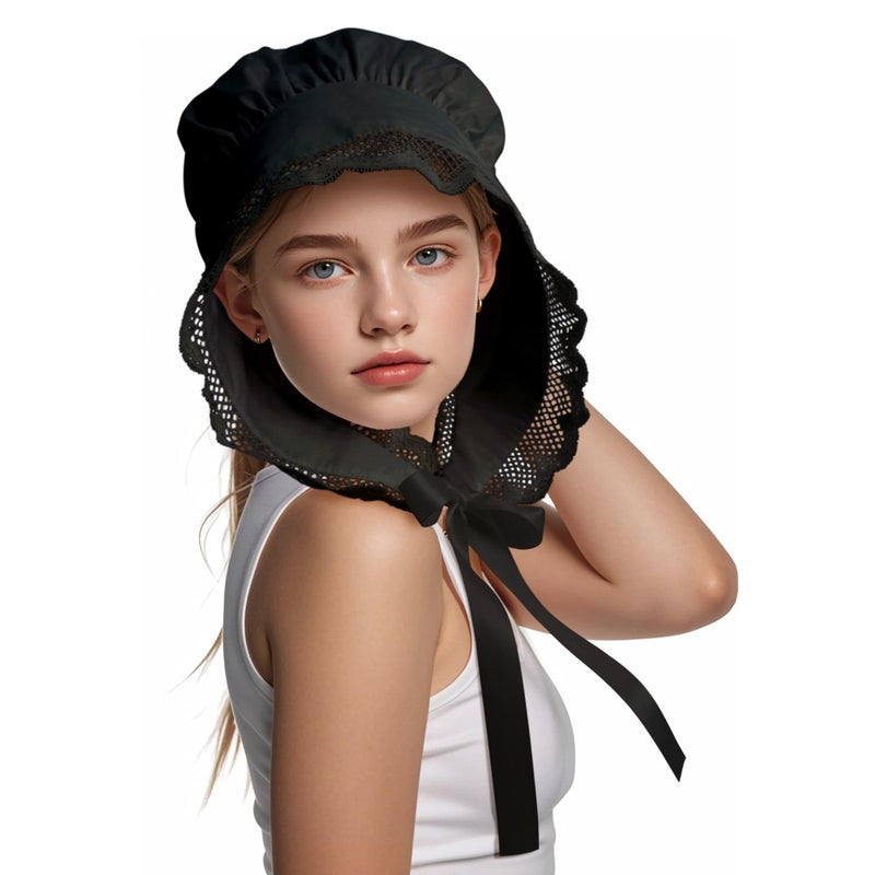 CosInStyle Women's Pioneer Bonnet - Colonial Peasant Amish Hat, Prairie Cap, Nightcap, Maid Cosplay Costume Accessory (Style-B Black) - Image 2