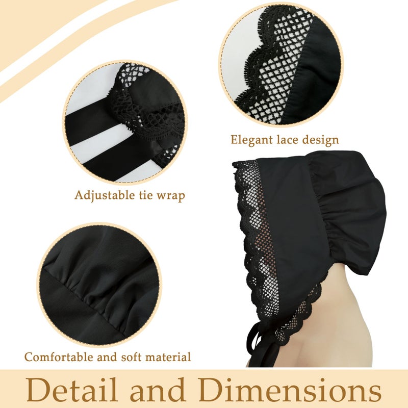 CosInStyle Women's Pioneer Bonnet - Colonial Peasant Amish Hat, Prairie Cap, Nightcap, Maid Cosplay Costume Accessory (Style-B Black) - Image 4
