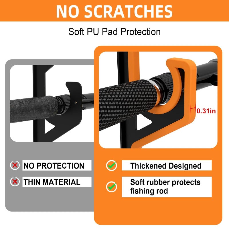 bruwaa 2 Pack Horizontal Fishing Rod Holders for Garage Wall & Ceiling, Anti-Scratch Soft PU Pad Rod Rack, Fishing Pole Storage Organizer Holds up to 10 Rod, Wall Mount Rod Keepers for Casting Rods - Image 2