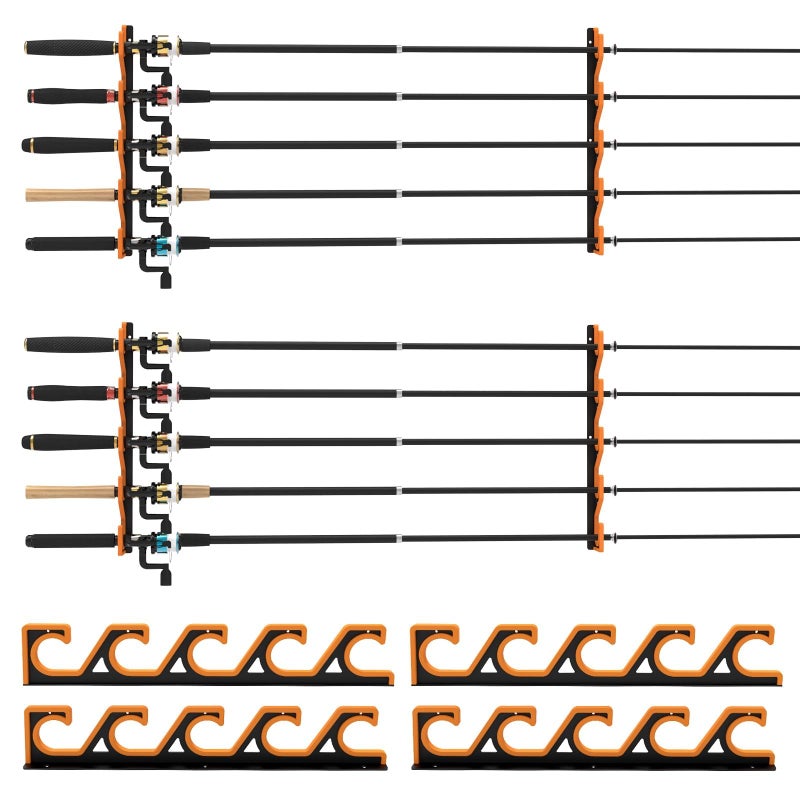 bruwaa 2 Pack Horizontal Fishing Rod Holders for Garage Wall & Ceiling, Anti-Scratch Soft PU Pad Rod Rack, Fishing Pole Storage Organizer Holds up to 10 Rod, Wall Mount Rod Keepers for Casting Rods - Image 1
