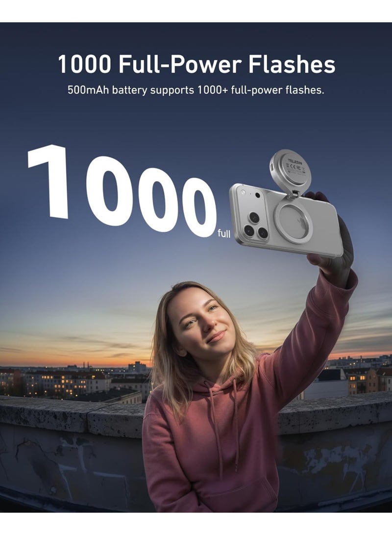 TELESIN 2-in-1 Magnetic Flash & Beauty Selfie Light for iPhone, CRI 85+, 15W COB LED Phone Fill Light, Magsafe Selfie Light, 180° Flip, Control with Button & Bluetooth, for Night Selfies, Sliver - Image 5