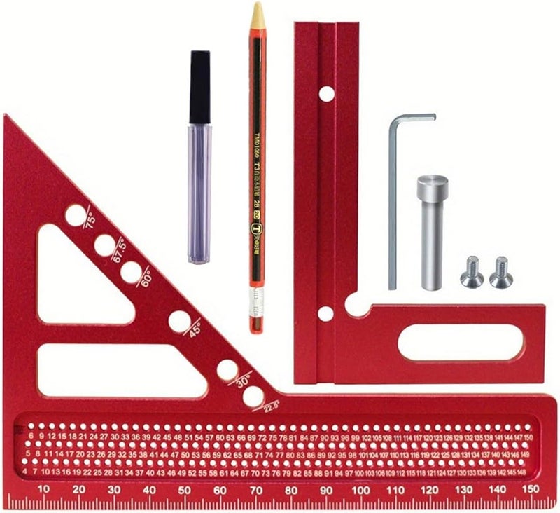 مربع نجارة الألومنيوم ثلاثي الأبعاد مع مسطرة مزدوجة القياس وقلم تحديد الدرجات - Image 1