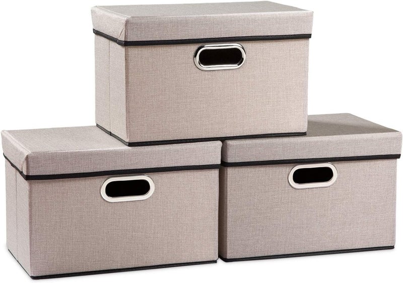 PRANDOM Foldable Storage Bin with Lid [3-Pack] Linen Fabric Decorative Storage Box Organizer Container Basket Cube with Handles Divider for Closet Office Living Room Light Grey(14.9x9.8x9.8) - Image 1