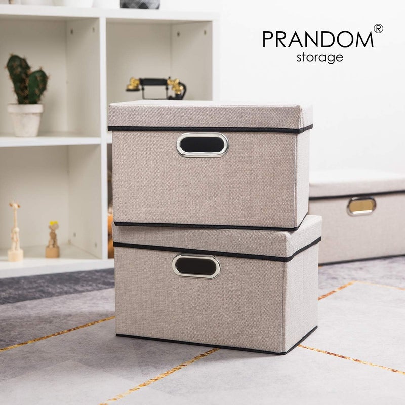 PRANDOM Foldable Storage Bin with Lid [3-Pack] Linen Fabric Decorative Storage Box Organizer Container Basket Cube with Handles Divider for Closet Office Living Room Light Grey(14.9x9.8x9.8) - Image 2