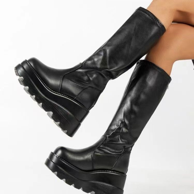 Small Height Increasing Boots Women''s 2023 New Spring and Autumn Elastic Boots Thick Bottom Thin Boots High Boots Knight Boots But Knee - Image 3