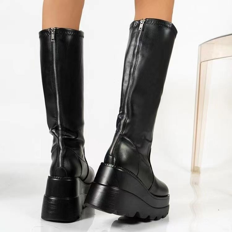 Small Height Increasing Boots Women''s 2023 New Spring and Autumn Elastic Boots Thick Bottom Thin Boots High Boots Knight Boots But Knee - Image 1
