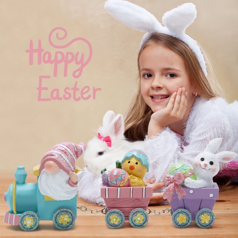 Hodao 8.75" Easter Gnomes Train Figurines Decoration Spring Bunny Decor Handmade Train Figurines Gift - Easter Party Table top Figurines Decor - Image 5