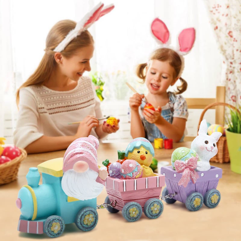 Hodao 8.75" Easter Gnomes Train Figurines Decoration Spring Bunny Decor Handmade Train Figurines Gift - Easter Party Table top Figurines Decor - Image 4