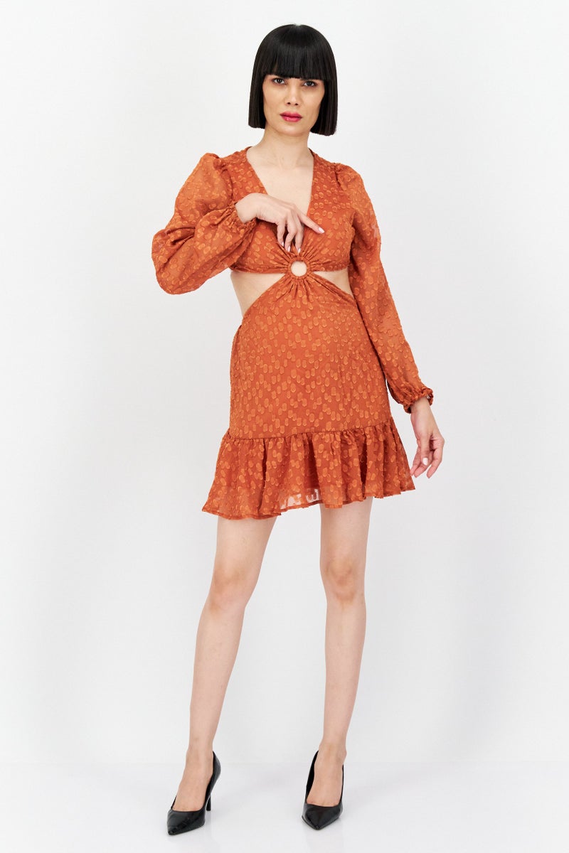 Endless Blu Women  Cut Out Textured Mini Dress, Brown - Image 3