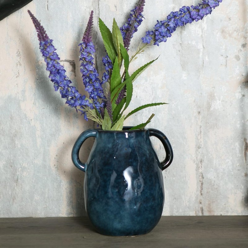 Tanvecle Blue Ceramic Vase with 2 Handles, Modern Farmhouse Vase for Home Decor, Rustic Terracotta Vase, Decorative Pottery Flower Vase, Clay Small Vase, Centerpieces for Dining Table - 7 Inch Tall - Image 3