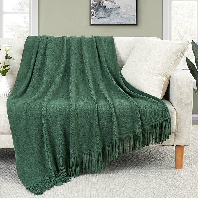 DECORATIVE KNITTED THROW BLANKET WITH FRINGE SOFT COZY TASSEL BLANKET FOR COUCH SOFA BED DARK GREEN 50X60