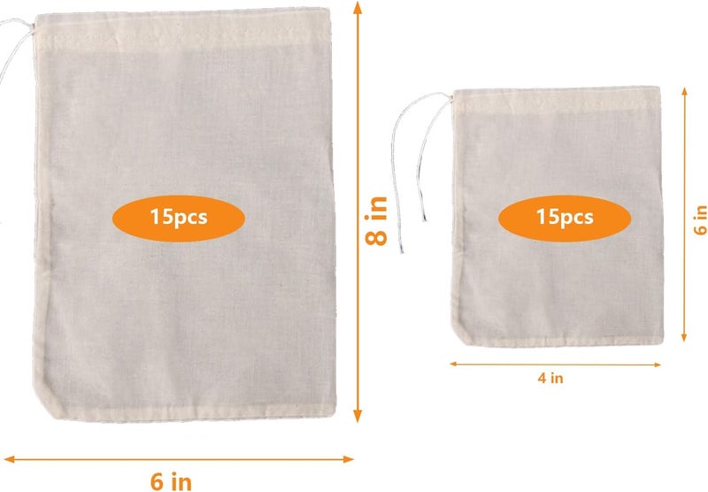 Lukdin 30 Pcs Natural Cotton Spice Bags for Cooking:4x6,6x8Reusable Tea Filters with Drawstring, Ideal for Straining Soups, Herb Sachets & Cold Brew (Food-Grade Cotton). (4x6"15pcs，6x8"15pcs) - Image 2