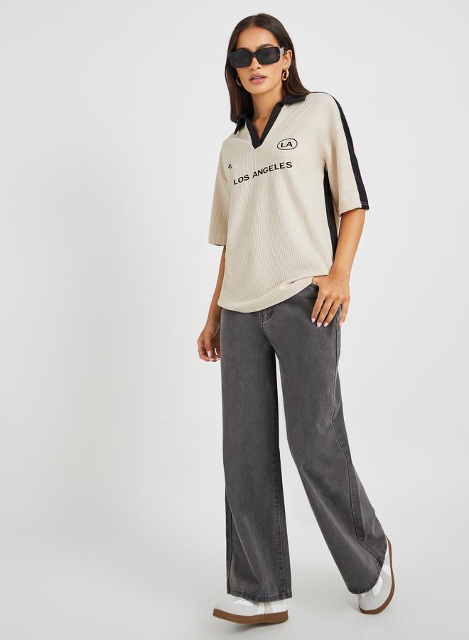 Styli Slogan Print Short Sleeve Collared Oversized T-Shirt - Image 2