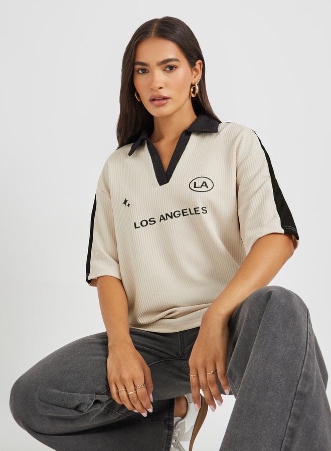 Styli Slogan Print Short Sleeve Collared Oversized T-Shirt - Image 1