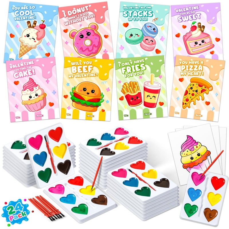 Duchong Valentines Day Gifts for Kids 24 Packs Heart Watercolor Paint Sets with Dessert Food Painting Cards Classroom School Exchange Prizes Art Party Favors for Boys Girls - Image 3