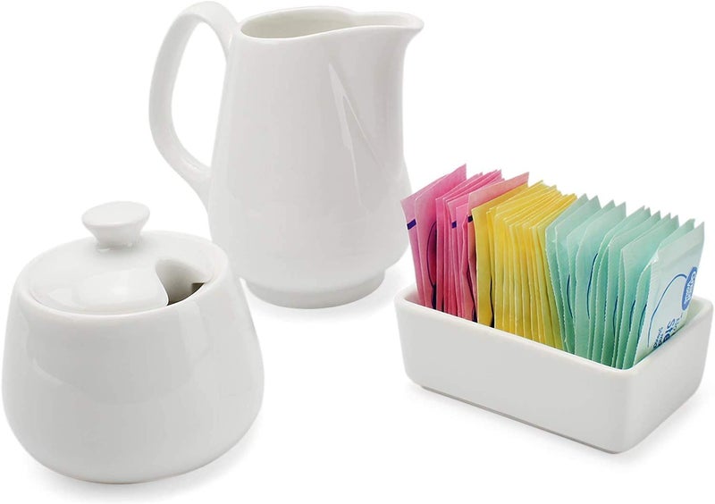 Darware Darware Sugar and Creamer Set 3Piece Set wCream Pitcher Sugar Bowl Sweetener Packet Holder White Ceramic TeaCoffee Set 
