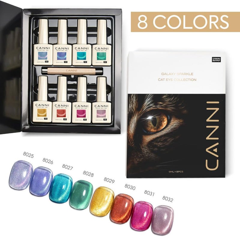 CANNI 8 Pcs 9 ML Cat Eye Gel Nail Polish Set, Red Pink Blue Green Yellow Glitter Rainbow Holographic Cat Eye Gel Polish Kit with Magnet Shimmer Colors Nail Art Manicure Salon DIY Gifts - Image 4