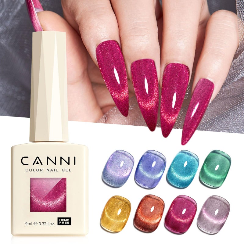 CANNI 8 Pcs 9 ML Cat Eye Gel Nail Polish Set, Red Pink Blue Green Yellow Glitter Rainbow Holographic Cat Eye Gel Polish Kit with Magnet Shimmer Colors Nail Art Manicure Salon DIY Gifts - Image 2