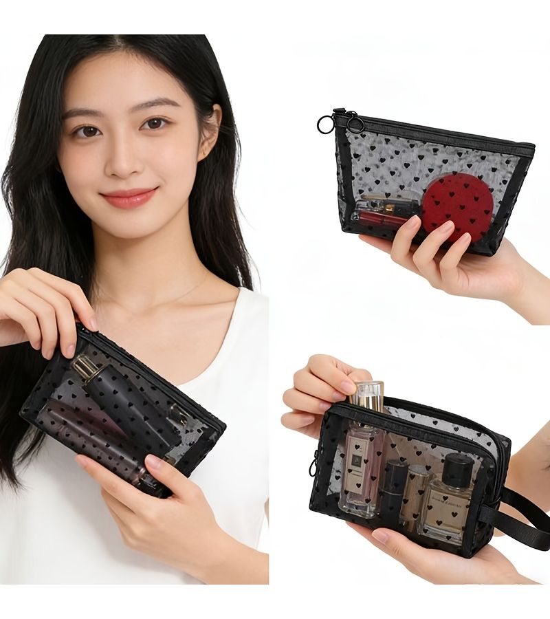 Heart Shaped Mesh Lining Pouch Small Capacity Makeup Bag Envelope Toiletry Organizer - Image 2