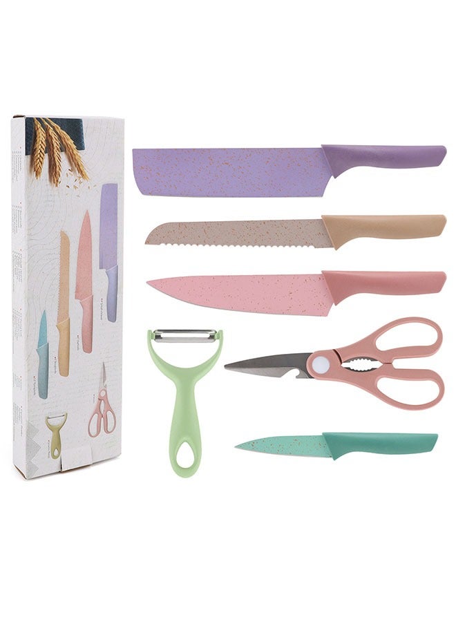 6-Piece Colorful Kitchen Knife Set with Non-Stick Coating,  Wheat Straw Material Handle Knife Set for Cutting Meat Scissors Peeler Slicing Paring Fruits Vegetables - Image 1
